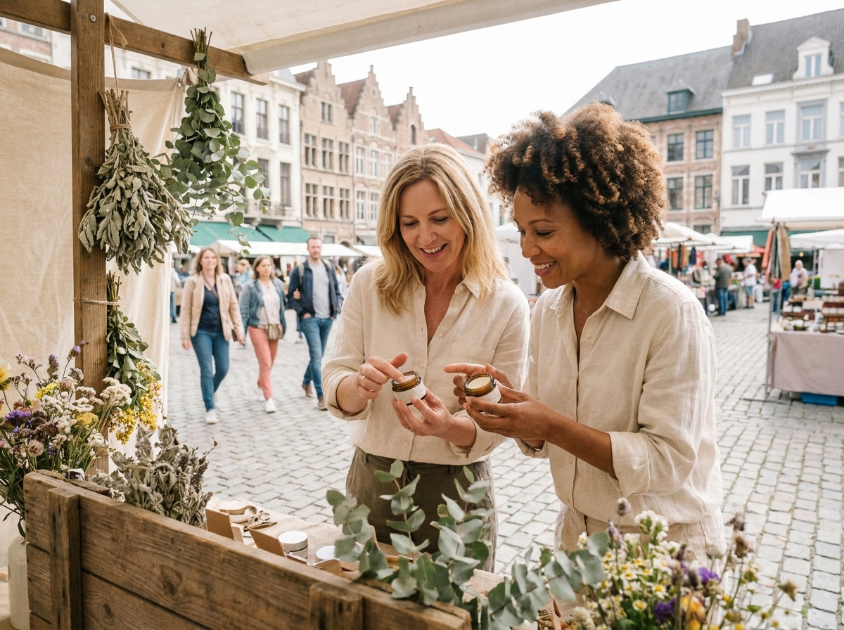 Deux femmes présentant des cosmétiques belges naturels et solidaires sur un marché de Bruxelles