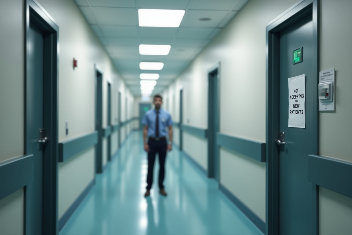 Couloir médical avec panneau refus de nouveaux patients