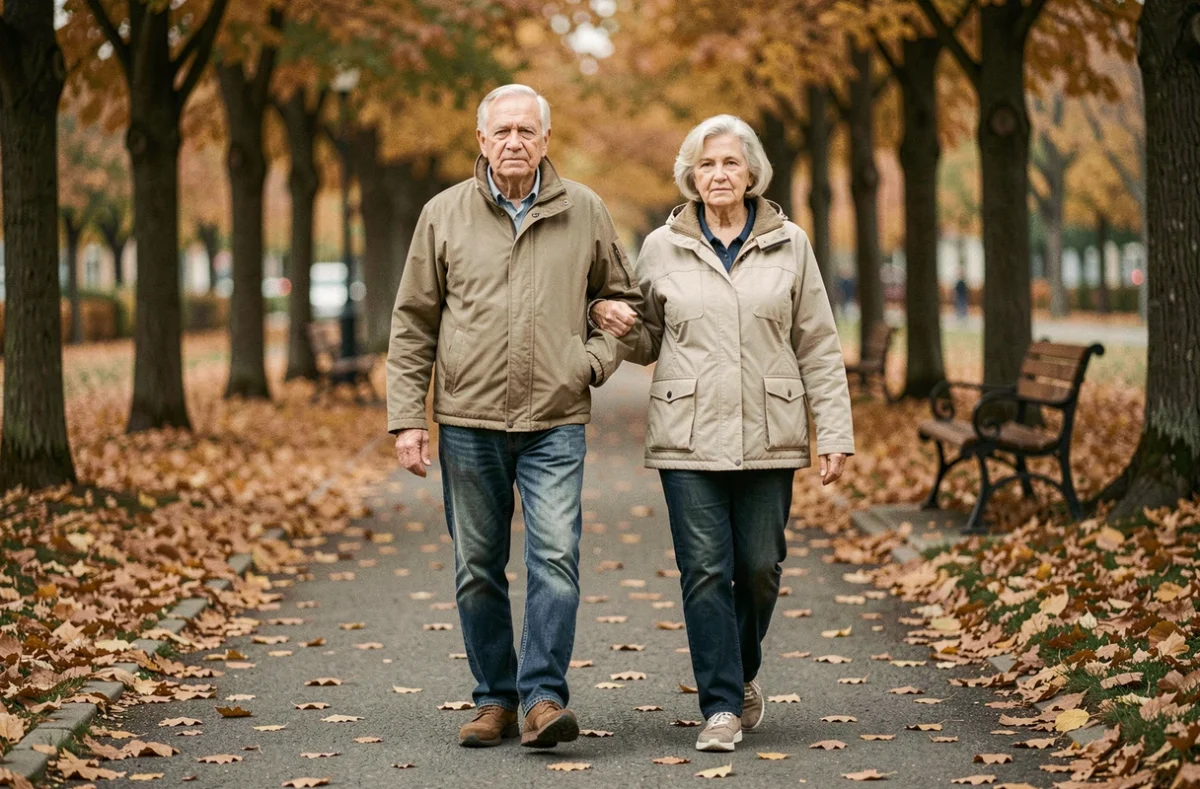 Couple âgé se promenant dans un parc en automne, évoquant le quotidien face aux risques de démence vasculaire