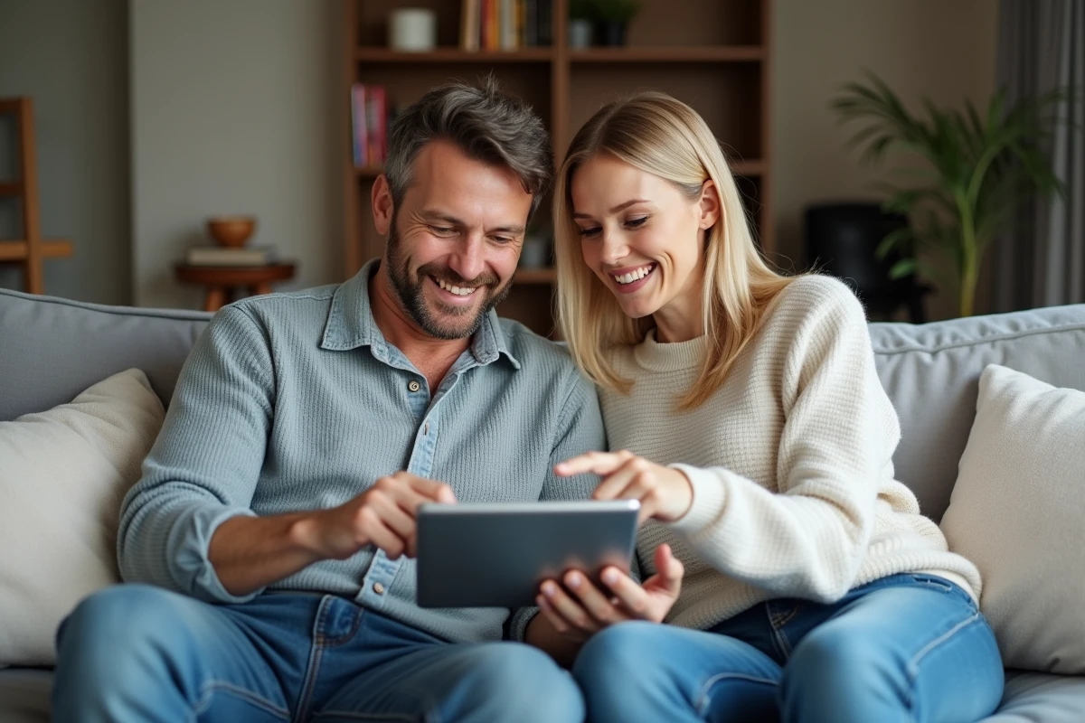 Couple consultant ensemble les avantages Sévéane Groupama sur une tablette dans leur salon