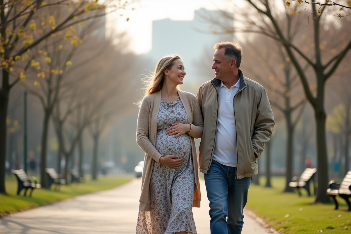 Couple dans un parc au printemps en promenade