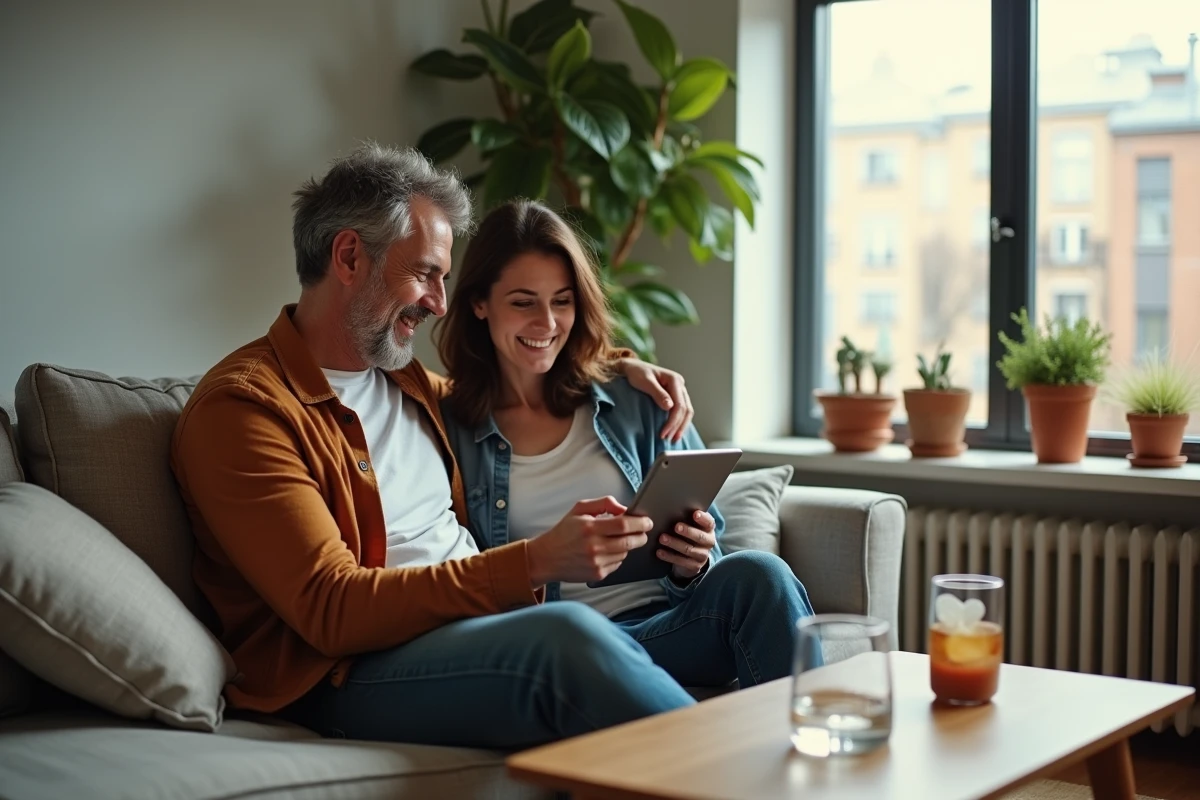 Couple consultant une plateforme de santé en ligne sur tablette dans leur salon, symbolisant le réflexe santé numérique au quotidien