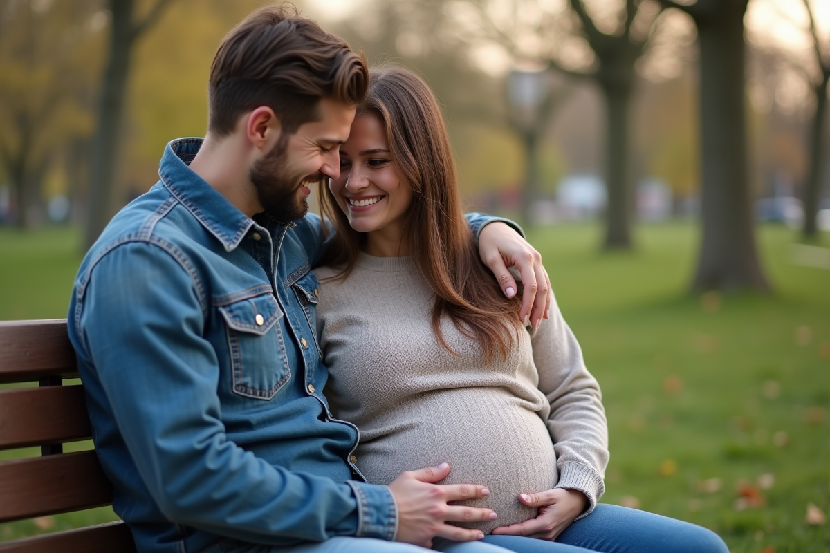 Couple enceinte assis dans un parc au printemps