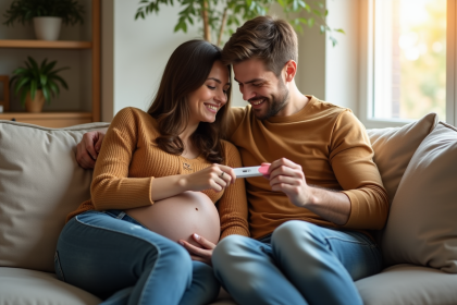 Jeune couple heureux dans le salon regardant un test de grossesse