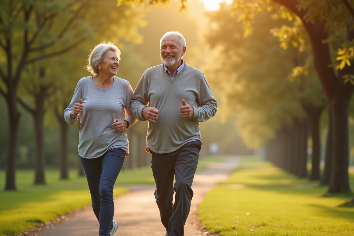 Couple de seniors courant dans un parc au matin