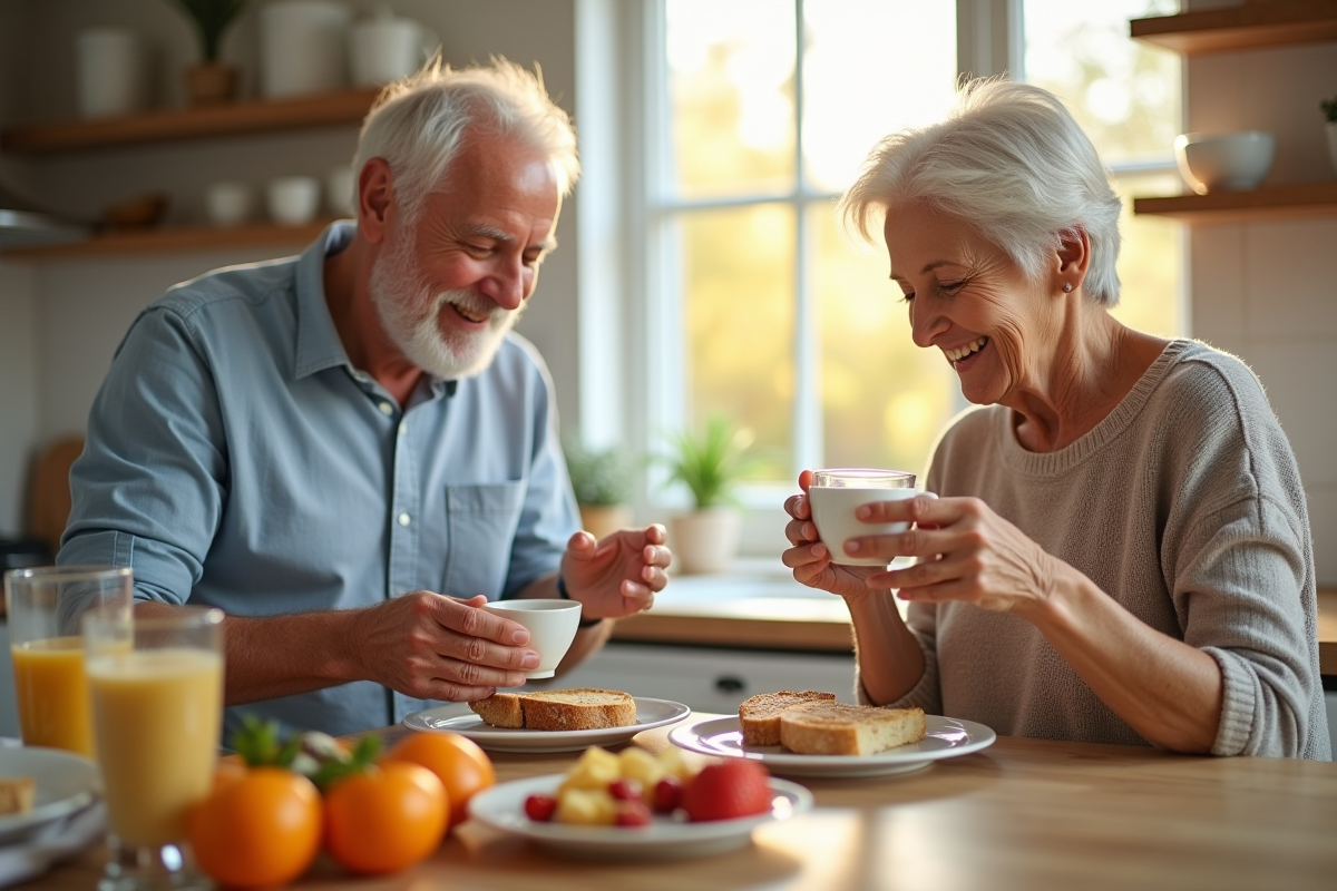 Couple senior dans la cuisine préparant un petit déjeuner sain