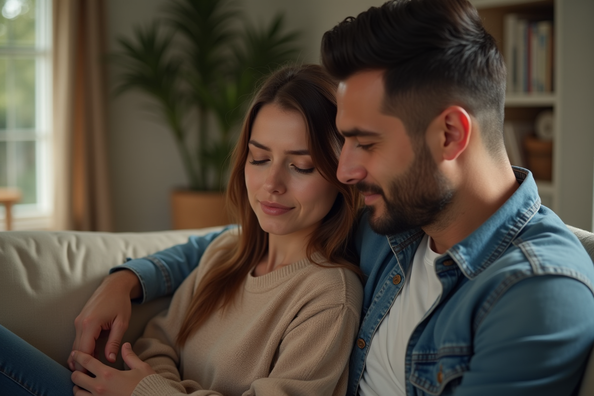 Couple soutenant une femme pensive dans un salon chaleureux