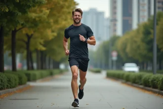 Coureur urbain en pleine course avec tension au mollet
