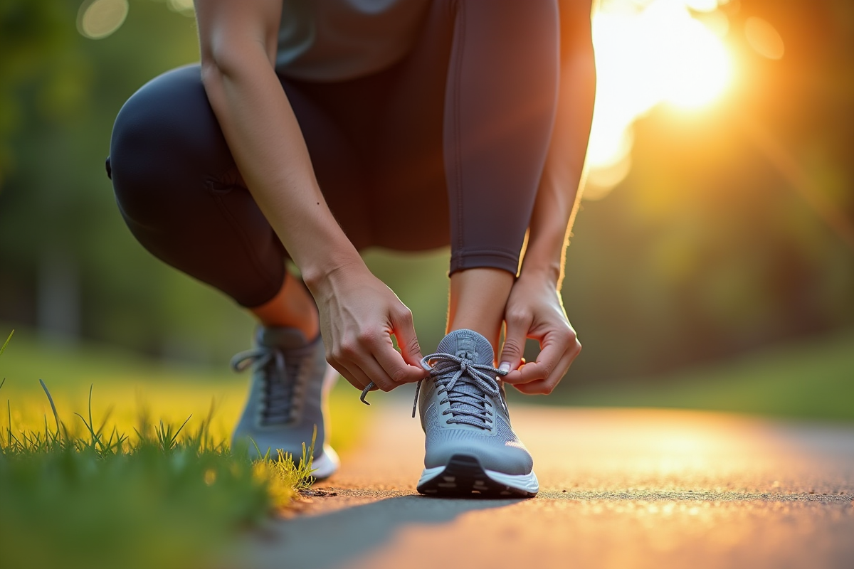 Personne en tenue de sport attachant ses lacets avant une course matinale dans un parc