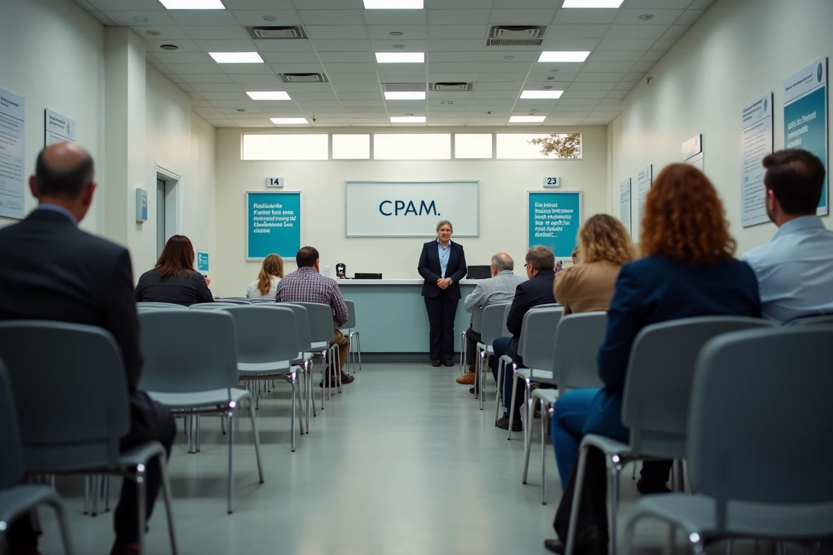 Salle d'attente d'un bureau CPAM en France avec des usagers assis et un guichet d'accueil en arrière-plan