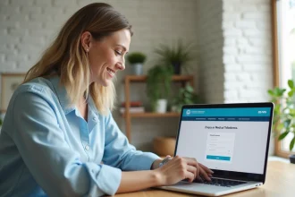 Femme créant son compte KelDoc sur un ordinateur portable dans un bureau à domicile moderne