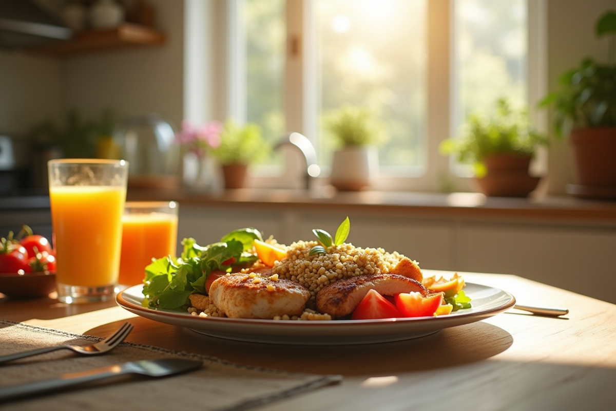 Cuisine familiale en matinée avec repas coloré et sain