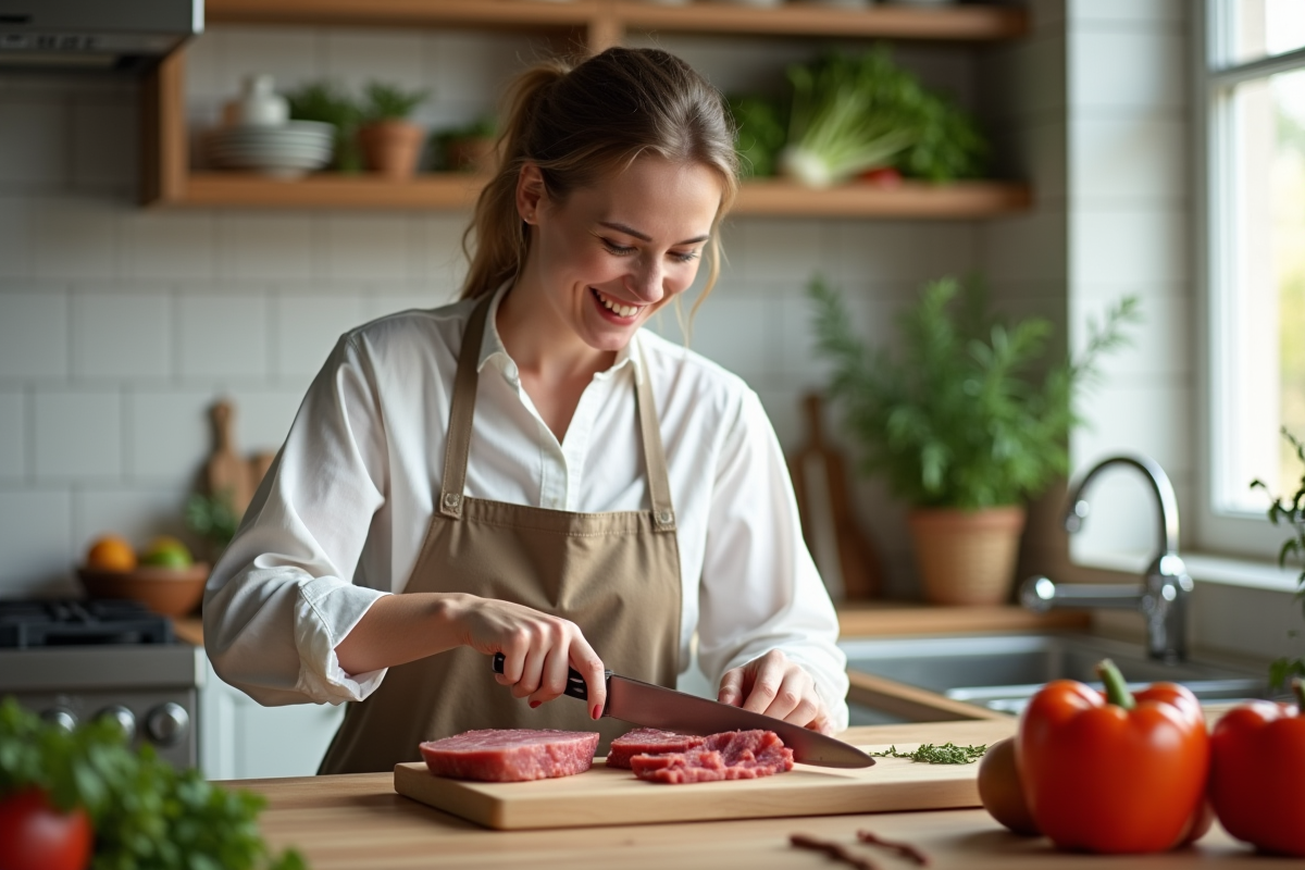 Femme souriante préparant du boeuf dans une cuisine lumineuse