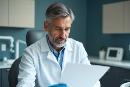Dentiste en blouse blanche examinant un certificat d'arrêt de travail dans son cabinet dentaire