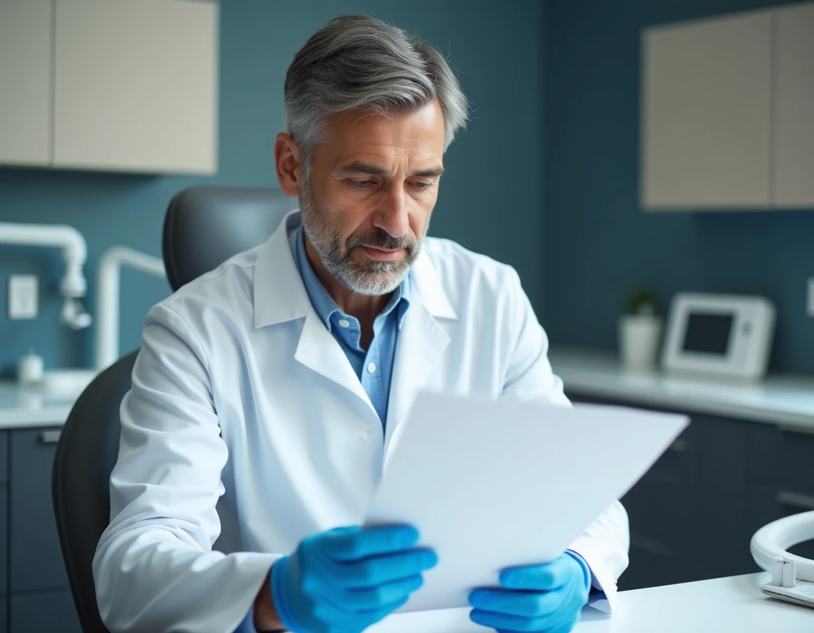 Dentiste en blouse blanche examinant un certificat d'arrêt de travail dans son cabinet dentaire
