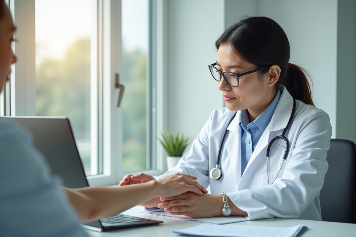 Dermatologue examinant le bras d'un patient dans une clinique lumineuse