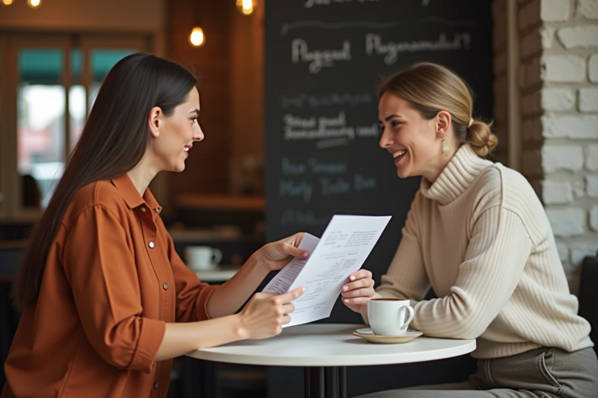 Deux femmes discutant d'un avis médical sur Circles dans un café, l'une montrant un document imprimé à l'autre avec une expression interrogative