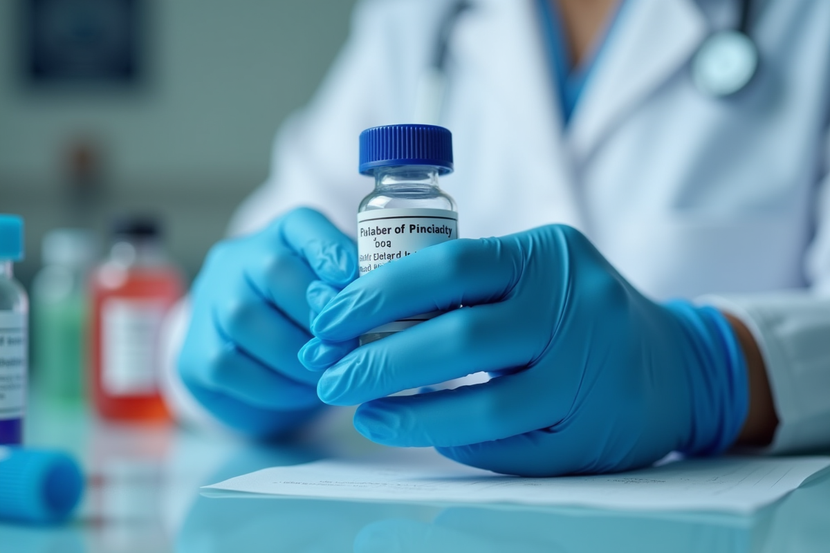 Mains d un médecin tenant un échantillon dans un laboratoire