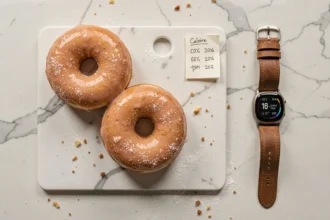 Donuts glacés Krispy Kreme posés sur du marbre blanc avec une montre fitness et des notes caloriques manuscrites