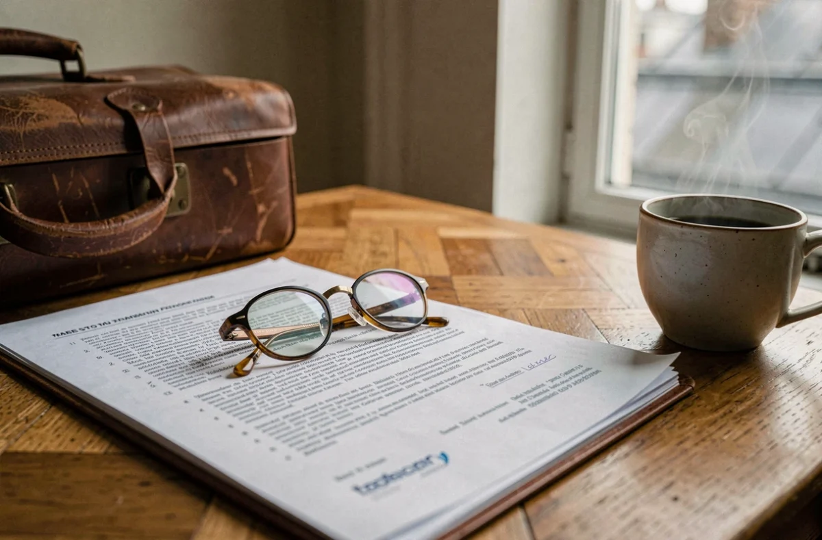Dossier médical ouvert sur un bureau en bois avec des lunettes de lecture et une mallette, symbolisant les préoccupations de santé autour d'Alain Madelin en 2026