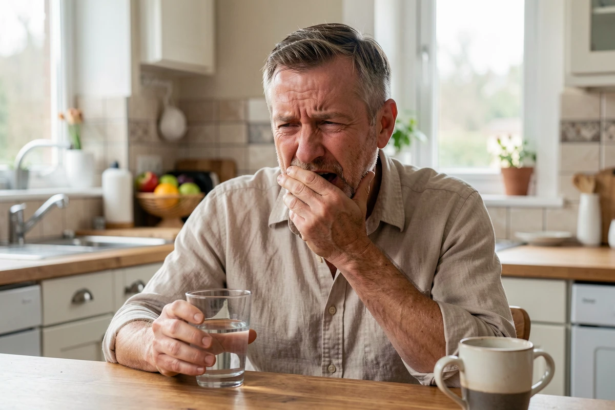 Homme d'âge mûr ressentant une douleur dans la bouche assis dans sa cuisine
