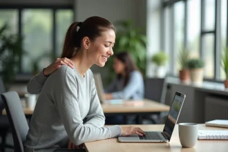 Femme au bureau tenant son haut du dos gauche douloureux en position assise au travail