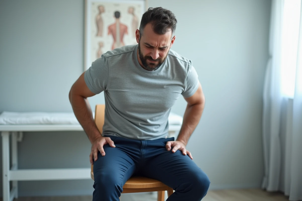 Homme assis en cabinet médical exprimant une douleur dans le haut des fesses lors d'une consultation pour lombalgie basse