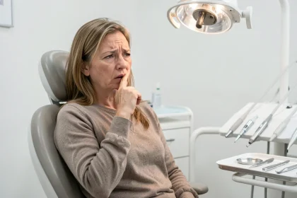Femme adulte exprimant une douleur au palais lors d'une consultation chez le dentiste