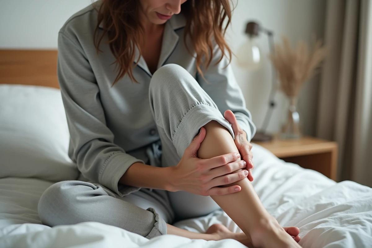 Femme de 45 ans assise sur un lit examinant une douleur à la veine saphène sur le mollet intérieur