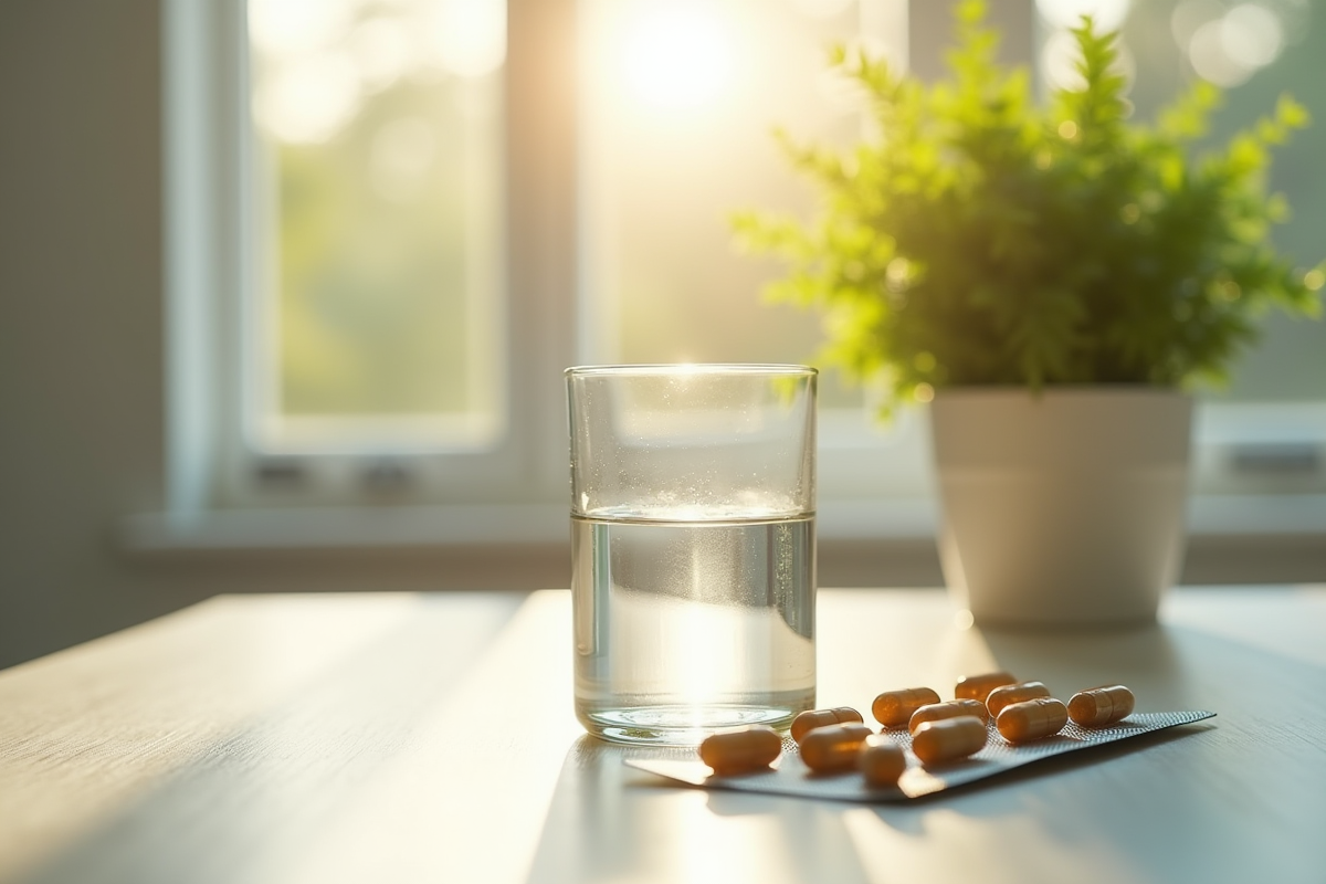 Verre d'eau de golf et pack de probiotiques sur une table lumineuse