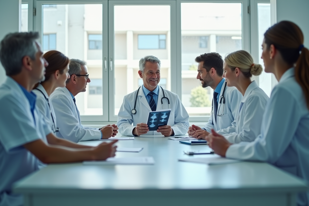 Professionnels de santé discutant de scans dans une salle lumineuse