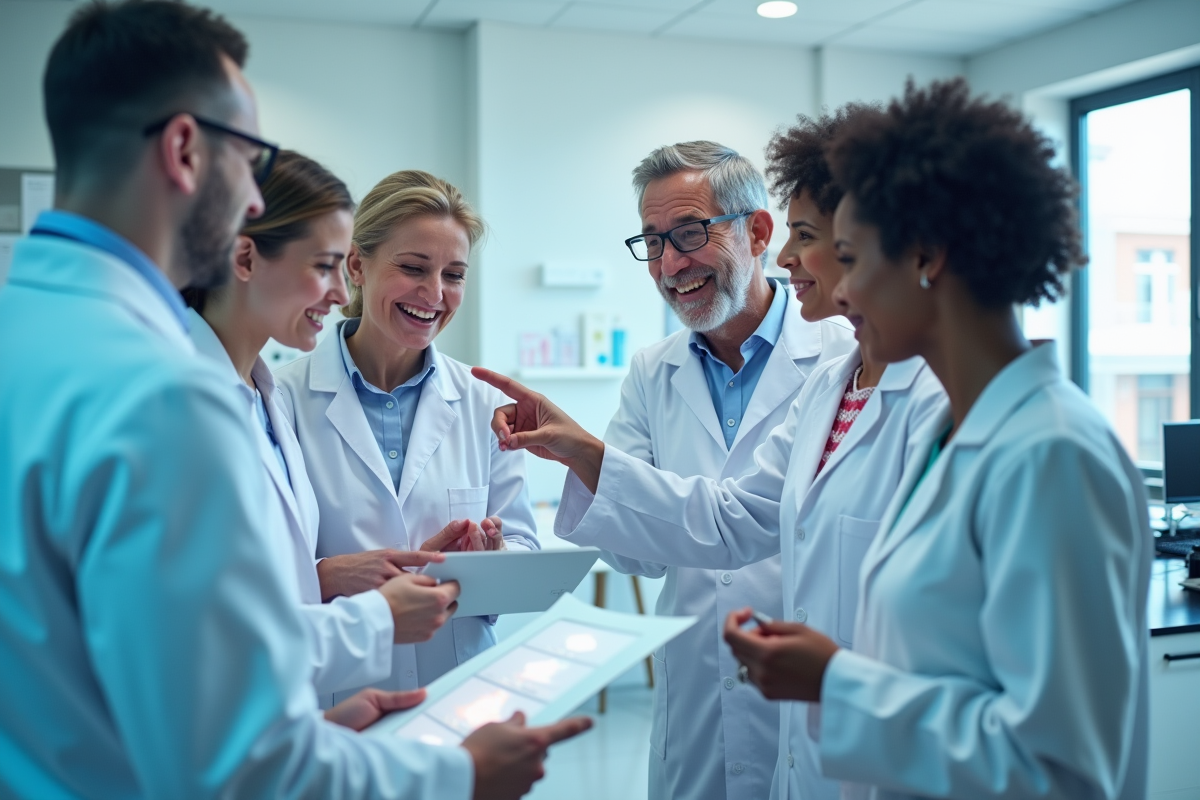 Equipe de chercheurs en laboratoire célébrant les progrès contre le cancer