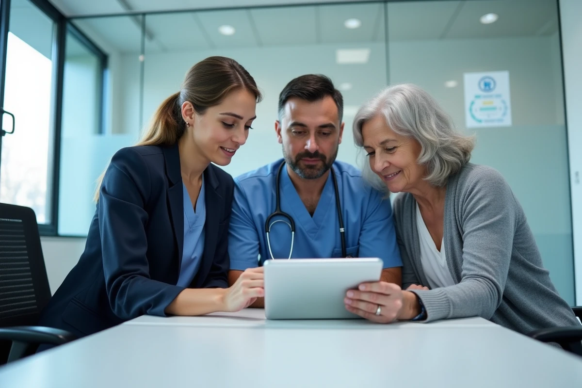 Équipe soignante pluridisciplinaire réunie autour d'une tablette pour coordonner la prise en charge d'un patient