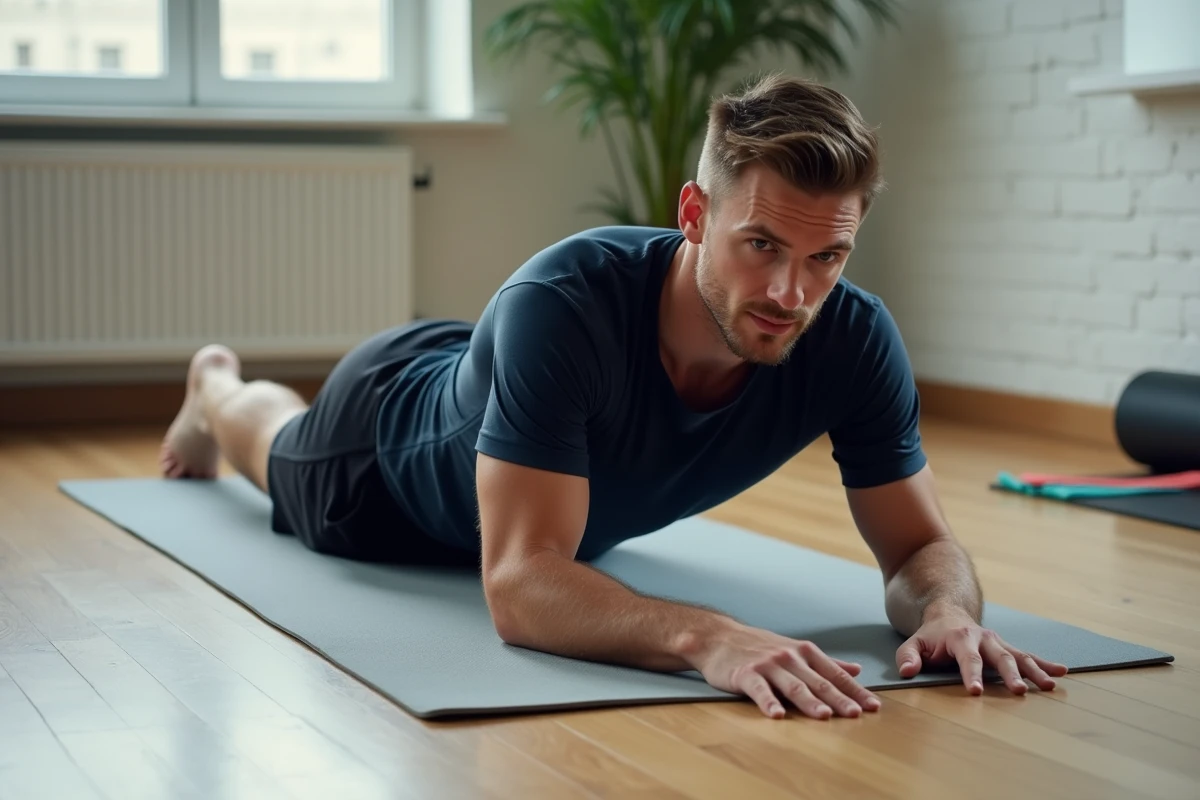 Homme allongé sur un tapis de yoga effectuant un étirement pour soulager une douleur dans le haut des fesses à domicile