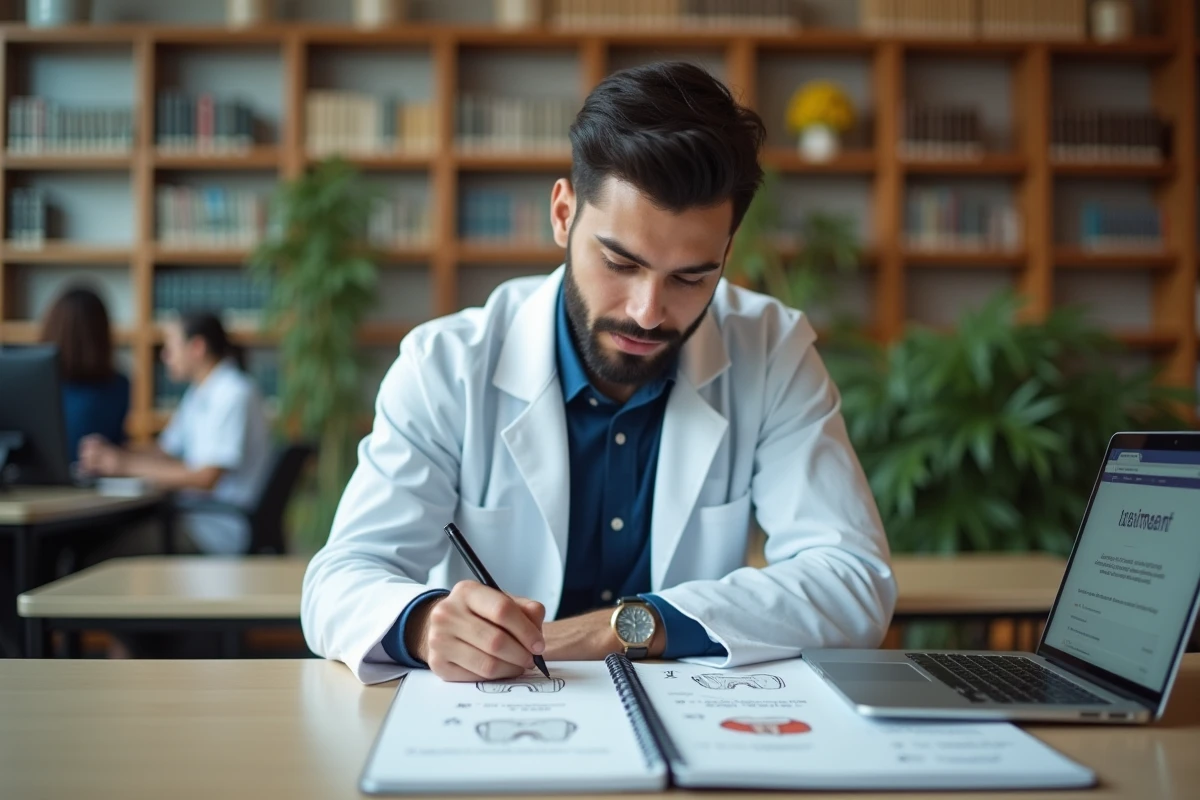 Étudiant en dentisterie comparant plusieurs schémas anatomiques de dents dans ses fiches de révision en bibliothèque