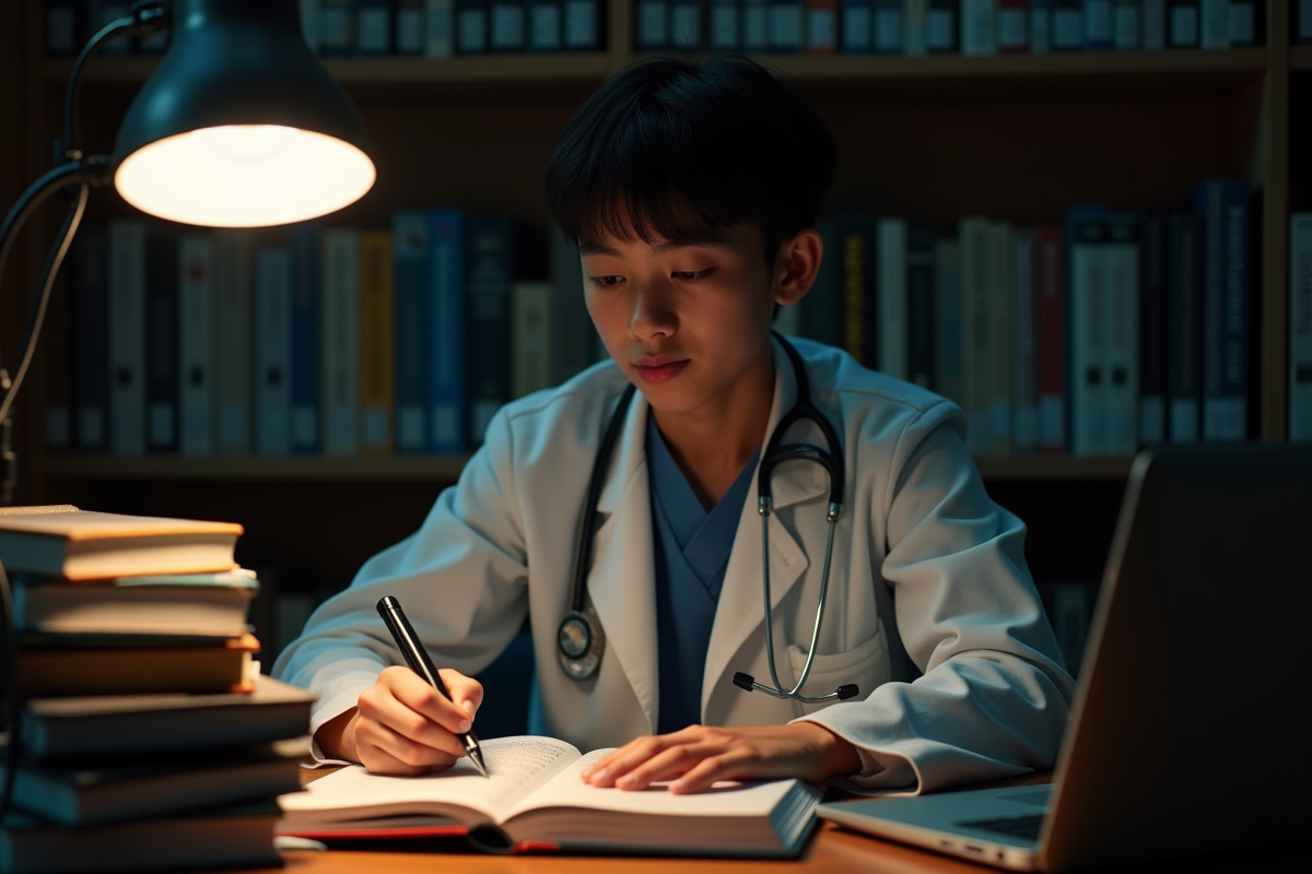 Jeune étudiant en médecine étudiant la nuit dans une bibliothèque