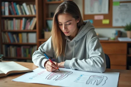 Étudiante dessinant un schéma de dent annoté sur une feuille blanche avec des marqueurs colorés pour ses révisions