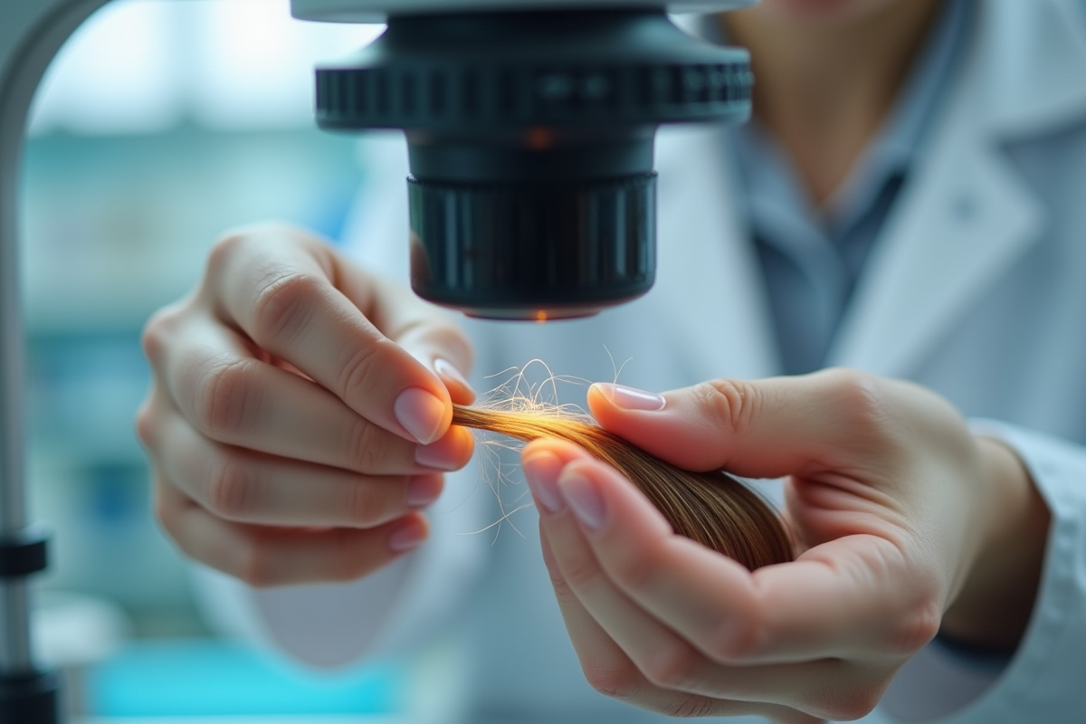 Mains scientifiques examinant un cheveu sous microscope