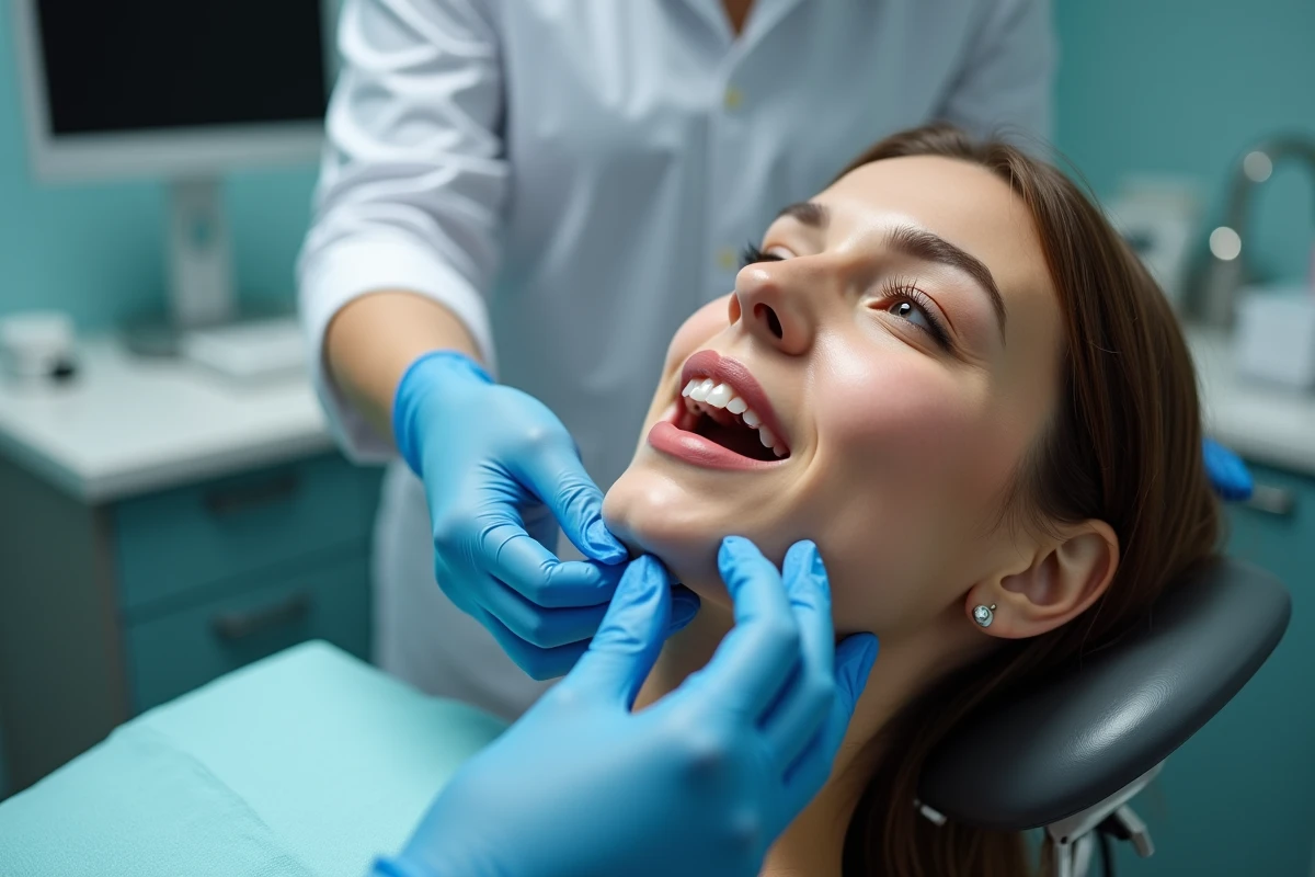 Dentiste palpant le ganglion sous-mandibulaire d'une patiente lors d'un examen dentaire clinique