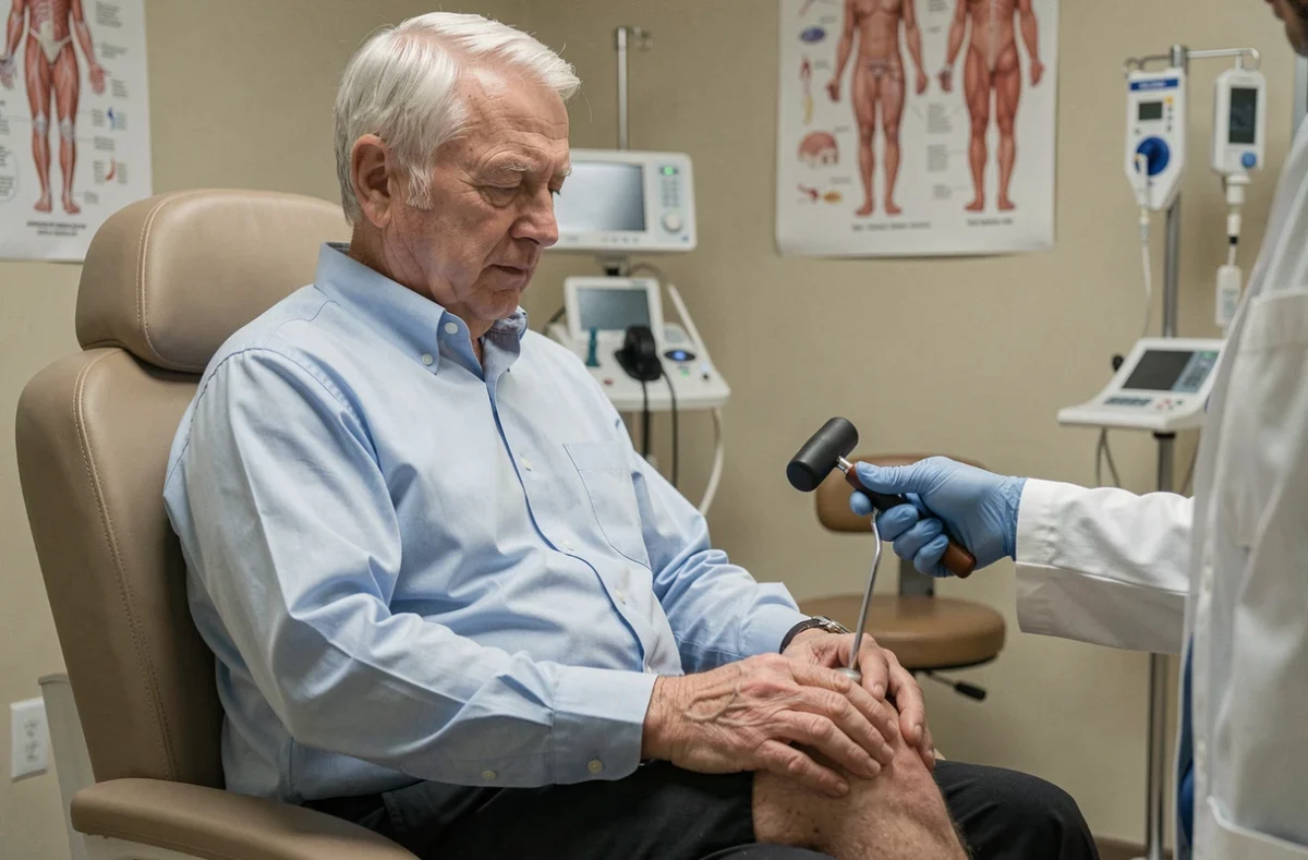 Examen neurologique d'un homme âgé avec test de réflexes pour différencier un trouble neurologique