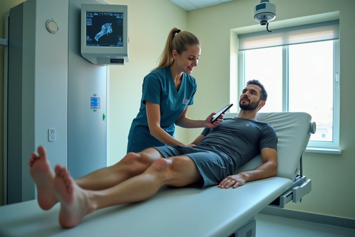 Radiologue positionnant un d&eacute;tecteur num&eacute;rique sur le genou d'un sportif lors d'un examen radiologique avant reprise