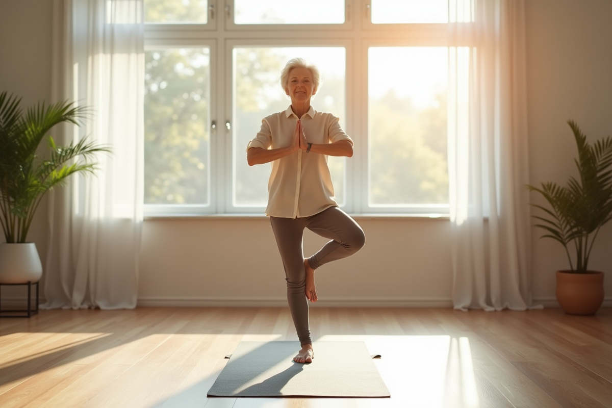 Femme agee faisant des exercices d'equilibre sur un tapis dans un salon lumineux