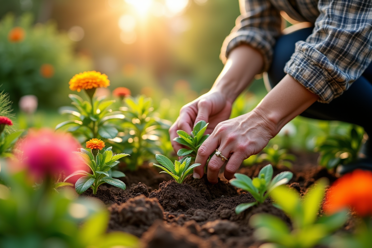 Femme âgée plantant des fleurs dans un jardin ensoleille
