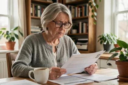 Femme âgée consultant des documents médicaux liés à la leucopathie vasculaire et aux risques de démence