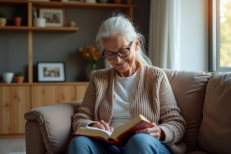 Femme âgée souriante lisant un livre dans un salon chaleureux