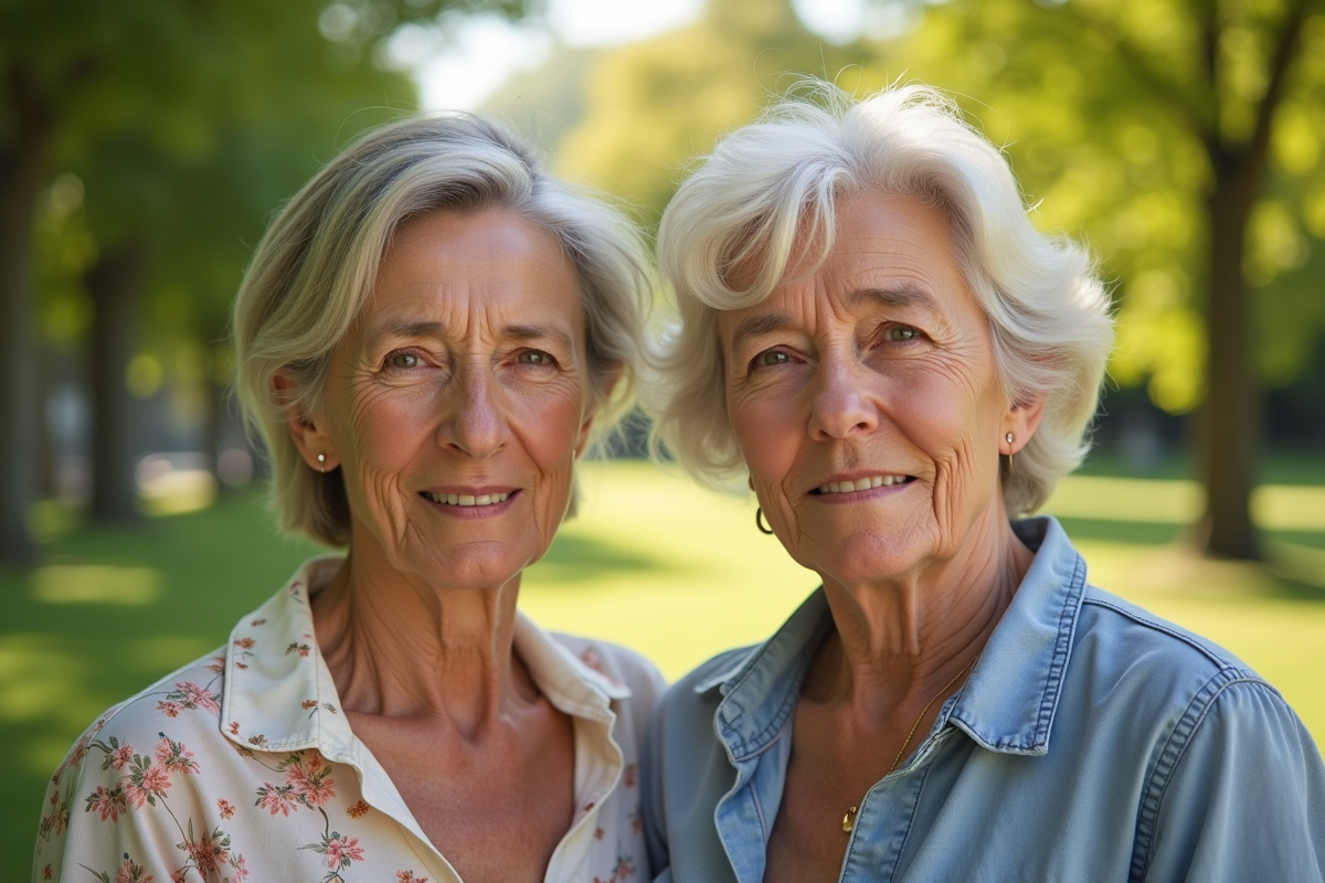 Deux femmes âgées debout dans un parc en plein air