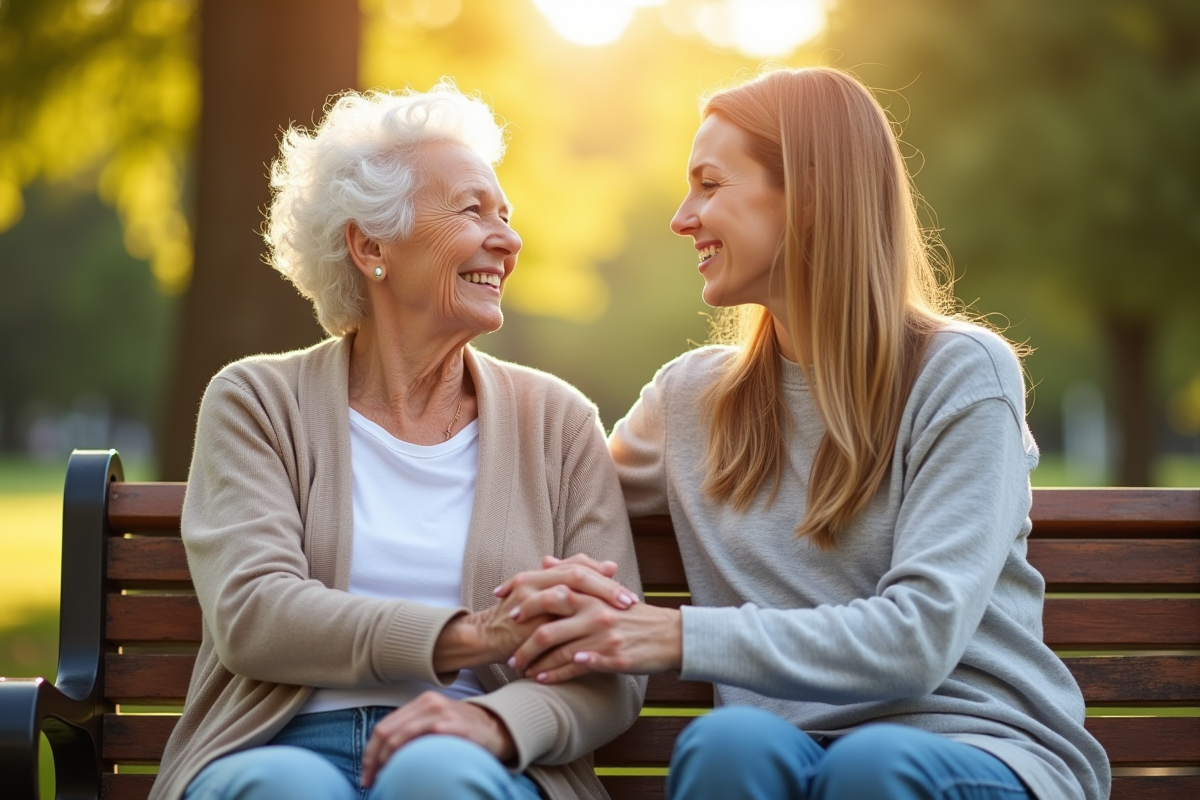 Femme âgée et jeune femme main dans la main dans un parc