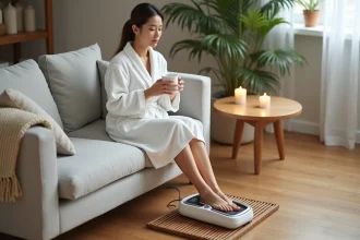 Femme en peignoir blanc utilisant un appareil de massage de pieds électrique dans son salon cosy aménagé en spa à domicile