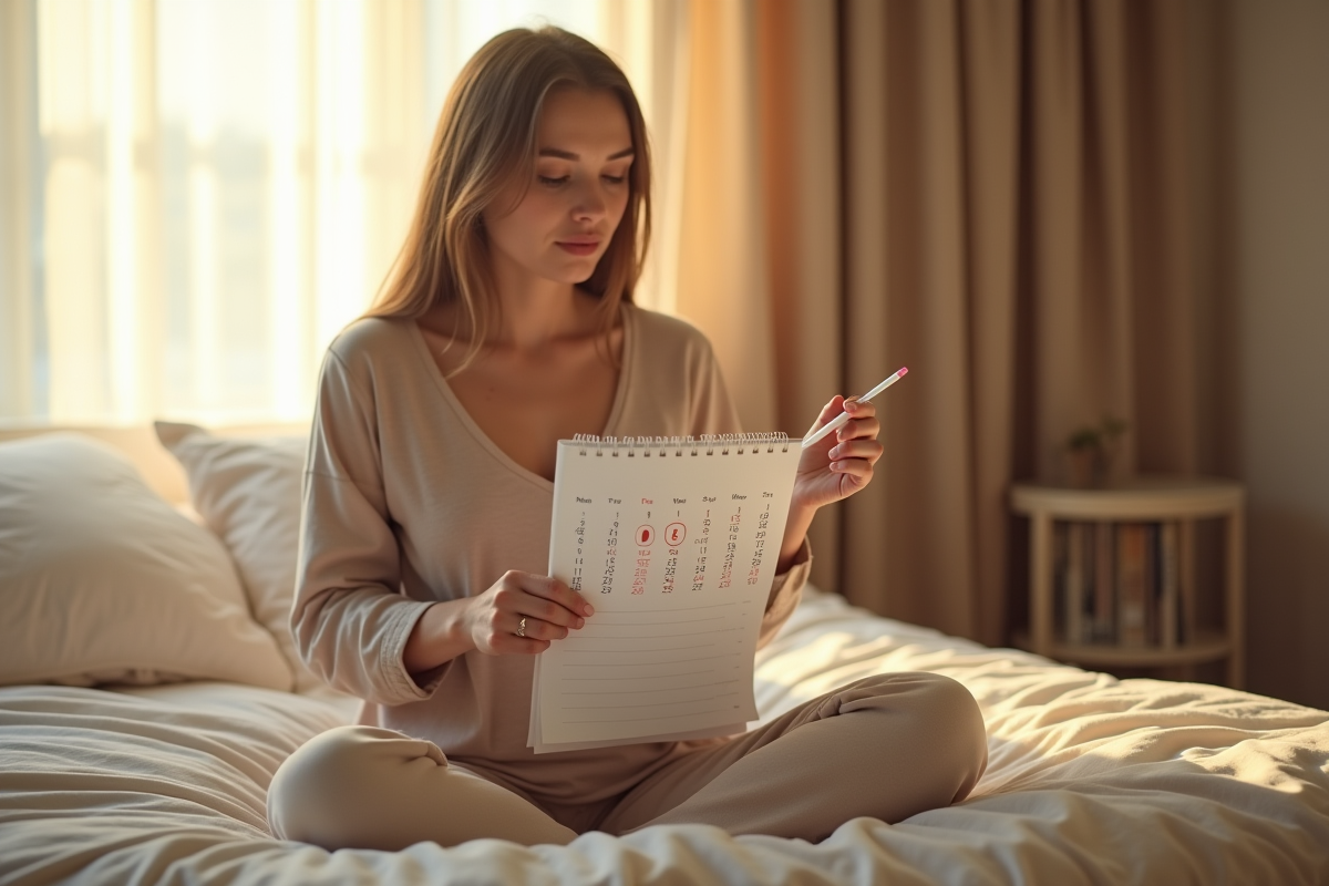 Jeune femme regardant un test de grossesse positif dans une chambre lumineuse