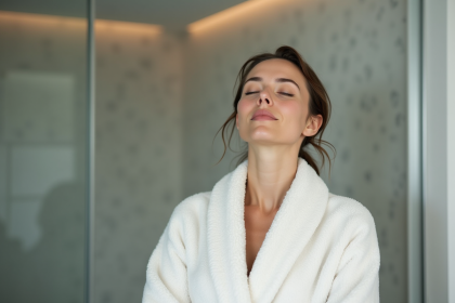 Femme en peignoir blanc dans une salle de bain brumeuse